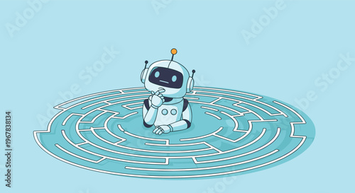 Small white robot standing in the center of a complex circular maze, looking thoughtful about the path to take.