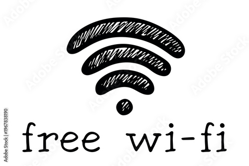 Hand drawn free wifi spot zone sign Public wi-fi area sign Wireless internet clipart in doodle style Single element for print, web, design, decor 3G, 4G, 5G, 6G, IoT