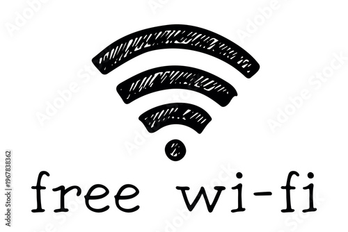 Hand drawn free wifi spot zone sign Public wi-fi area sign Wireless internet clipart in doodle style Single element for print, web, design, decor 3G, 4G, 5G, 6G, IoT