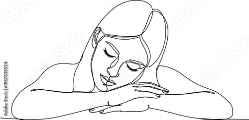 Woman Leaning on Surface Sleeping Peacefully.