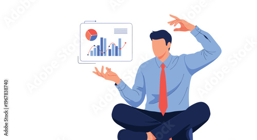 Calm businessman sitting in a lotus pose and levitating a digital data dashboard with colorful charts and graphs for analysis.
