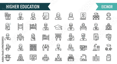 Collection of line art icons representing various aspects of higher education
