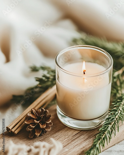 Eco friendly handmade candle with warm glow, surrounded by pine branches, cinnamon sticks, and pine cone, creating cozy atmosphere