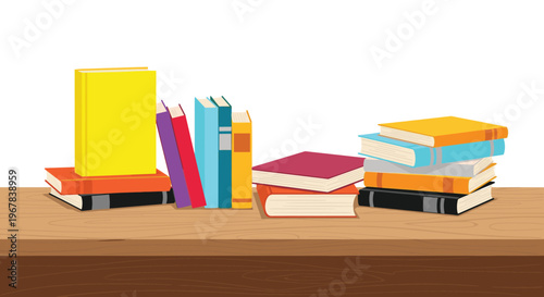 Stack of various colorful hardcover and paperback books arranged on a wooden table against a white background.