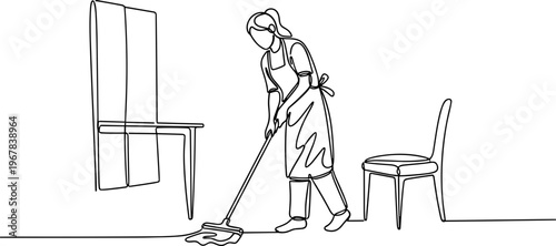 Woman cleaning with mop indoors daily.