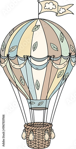 Hot Air Balloon with Leaf Patterns Flying High