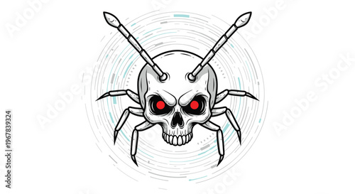 Intimidating robotic spider with a human skull for a head and glowing red eyes in a complex and technological setting.