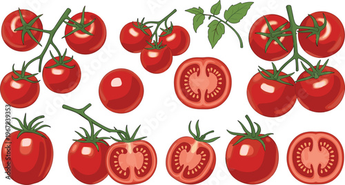 Cherry tomatoes and slices flat vector set. Fresh red tomatoes on vine with cut sections and leaves. Organic food illustrations for cooking, grocery, and farm design.