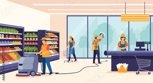 Professional cleaning crew maintains hygiene and cleanliness in a modern supermarket using industrial equipment and manual techniques.