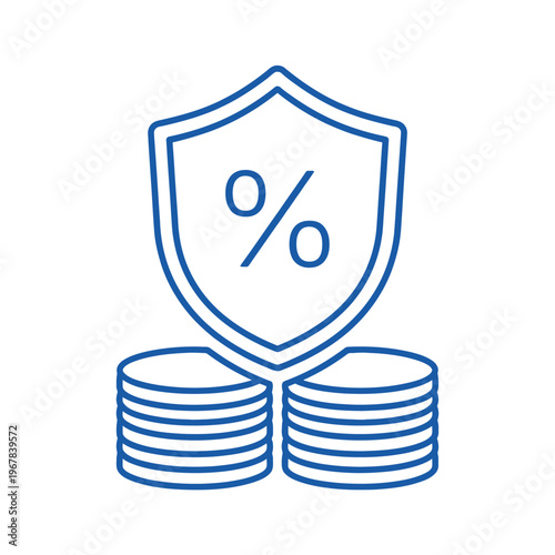 Financial Security Shield Protecting Stacked Coins with Percentage Symbol.