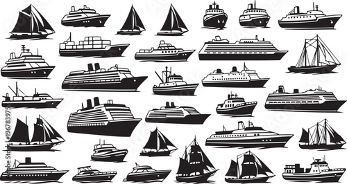 Collection of various boats and ships in black and white