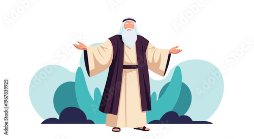 Wise elderly man with a long white beard wearing traditional ancient robes and standing with open arms in a serene outdoor setting.