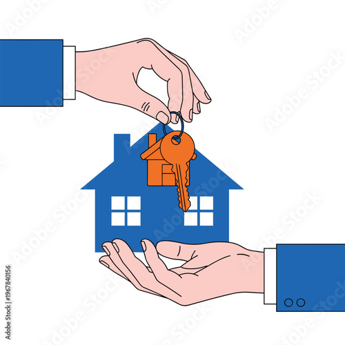 Real estate home ownership concept with house key handover flat vector illustration