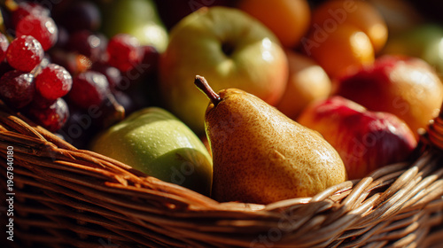 A wicker basket filled with a variety of fresh fruits including pears and apples