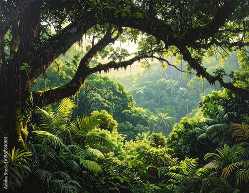 A serene tropical forest with lush greenery and a majestic tree