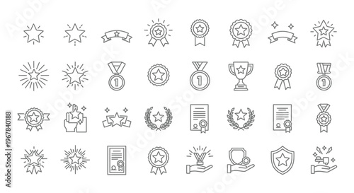 Collection of black and white line art award and achievement icons