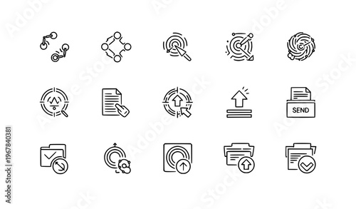 Creative publish icon set vector with abstract upload and sharing symbols in multiple style variations