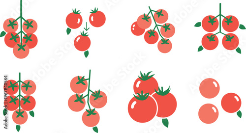 Cherry tomato flat vector set with clusters and branches. Fresh red tomatoes in different arrangements. Organic food illustration for cooking, grocery, and farm design.