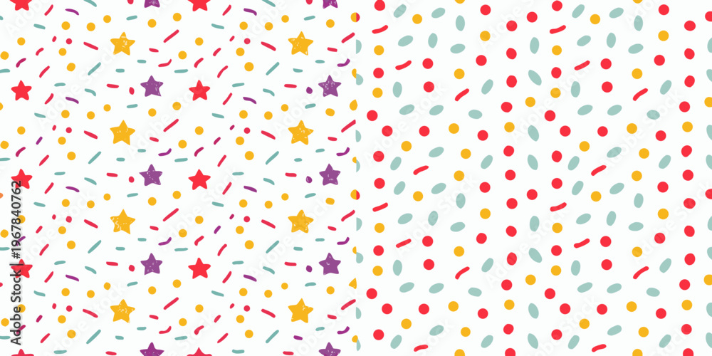 Obraz premium Colorful confetti and star shapes scattered across a white background