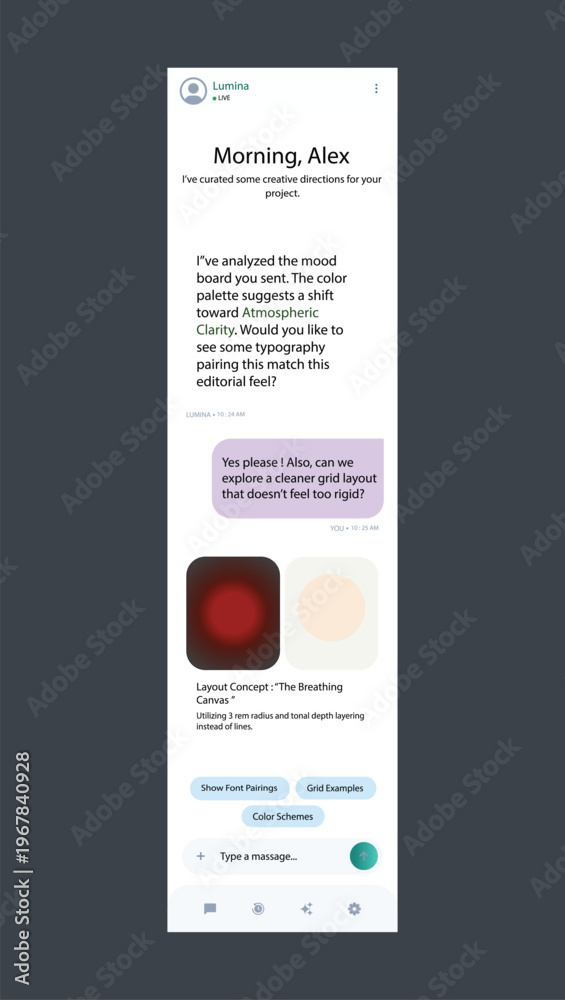 Fototapeta premium Mobile chat app user interface showing conversation with Lumina AI, presenting layout concepts and interactive options