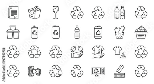 Collection of recycling symbols representing various waste materials