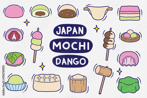 set of mochi doodle with color good for background, wallpaper, element design, icon, etc
