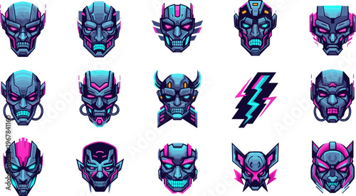 Futuristic Cyberpunk Mask Icon Set Featuring Neon Robot Faces, Sci Fi Characters, Tech Skulls and Gaming Avatars Esports Vector Illustration Collection