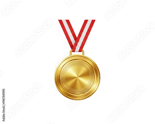 A radiant vector illustration of a gleaming gold medal, symbolizing victory, first place, and outstanding achievement, suspended from a vibrant red and white striped ribbon.