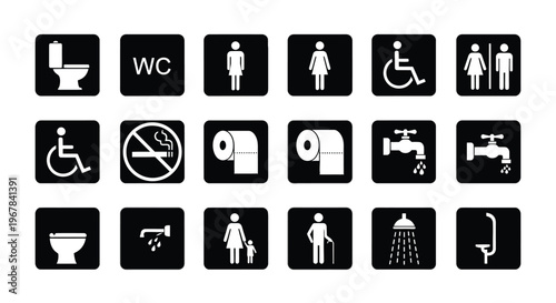 Collection of black restroom and accessibility symbols on a white background