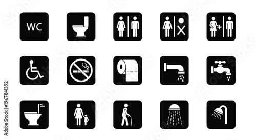 Collection of black restroom and accessibility signage icons