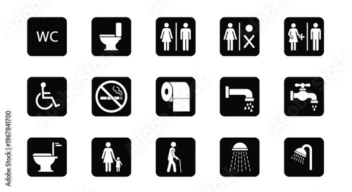 Collection of restroom and accessibility pictograms in black and white