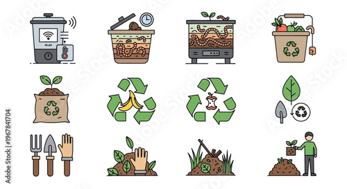 Composting Icons: Worm Farm, Smart Bin, Recycling, Gardening Tools, Plant Growth