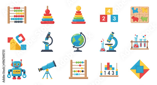 Educational Toys and Science Icons Set: Abacus, Robot, Microscope, Globe, Puzzle, Blocks
