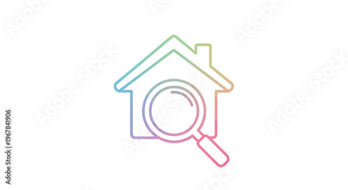 House search icon with magnifying glass, rainbow gradient, clean white background