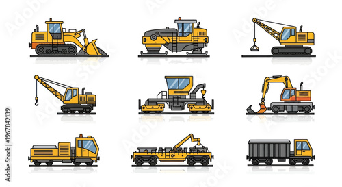 Construction Vehicles Set: Yellow Heavy Machinery Icons - Flat Pixel Art