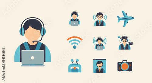 Customer Service Icons: Headphones, Laptop, Wifi, Airplane, Camera, Robot