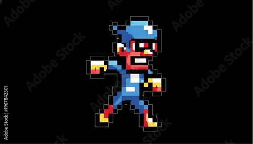 Retro Masked Pixel Art Fighter Character in Blue and Red Suit