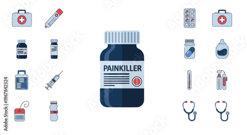 Painkiller Medicine Bottle Surrounded by Medical Icons, Healthcare, Pharmacy, and Pharmacy Icons