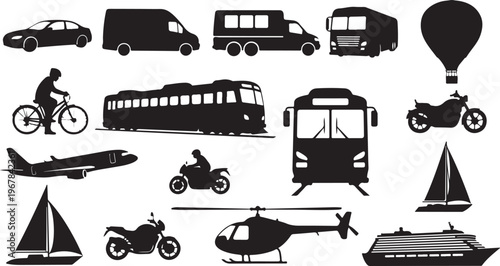 Transportation Modes and Vehicles Icon Set in Black Silhouette