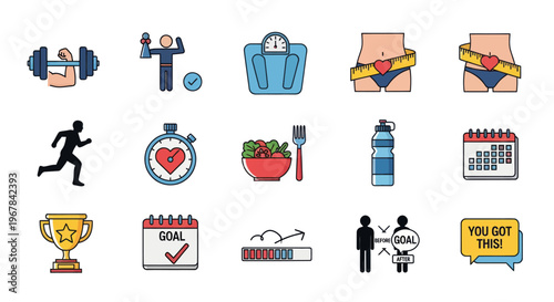 Fitness Icons Set: Workout, Diet, Weight Loss, Health, Success and Motivation