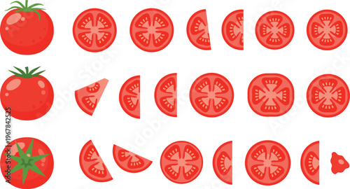 Tomato slices flat vector set with different cuts and shapes. Whole tomatoes and detailed cross sections. Fresh organic food illustration for cooking and grocery design.