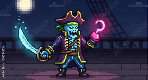 Undead Skeleton Pirate Captain with Glowing Sword and Pink Hook