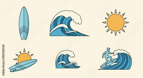 Summer Surf Icons: Sun, Waves, Surfboard, Surfer. Vector Set.