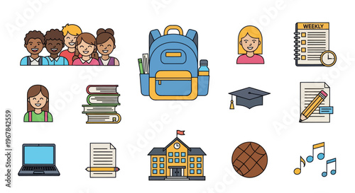 School Icons Set: Students, Backpack, Books, Graduation Cap, Laptop, Building, Globe