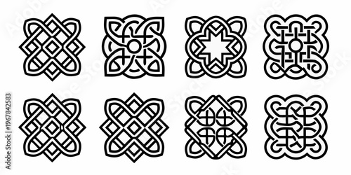 Collection of eight black and white celtic knotwork designs arranged in a grid