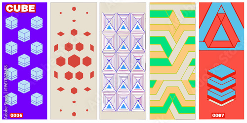 Abstract geometric patterns displayed across five vertically oriented panels
