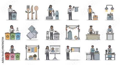 Eco-friendly lifestyle icons: recycling, zero waste, sustainable living, and conscious consumption.