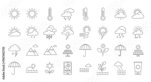 Weather icons and symbols sun clouds rain and temperature readings