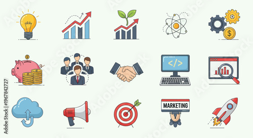 Business Growth Icons: Idea, Finance, Teamwork, Marketing, Technology & Success