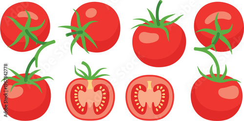 Tomato flat vector set with whole and cut fruits. Fresh red tomatoes with slices and seeds. Simple organic food illustration for cooking and grocery design.